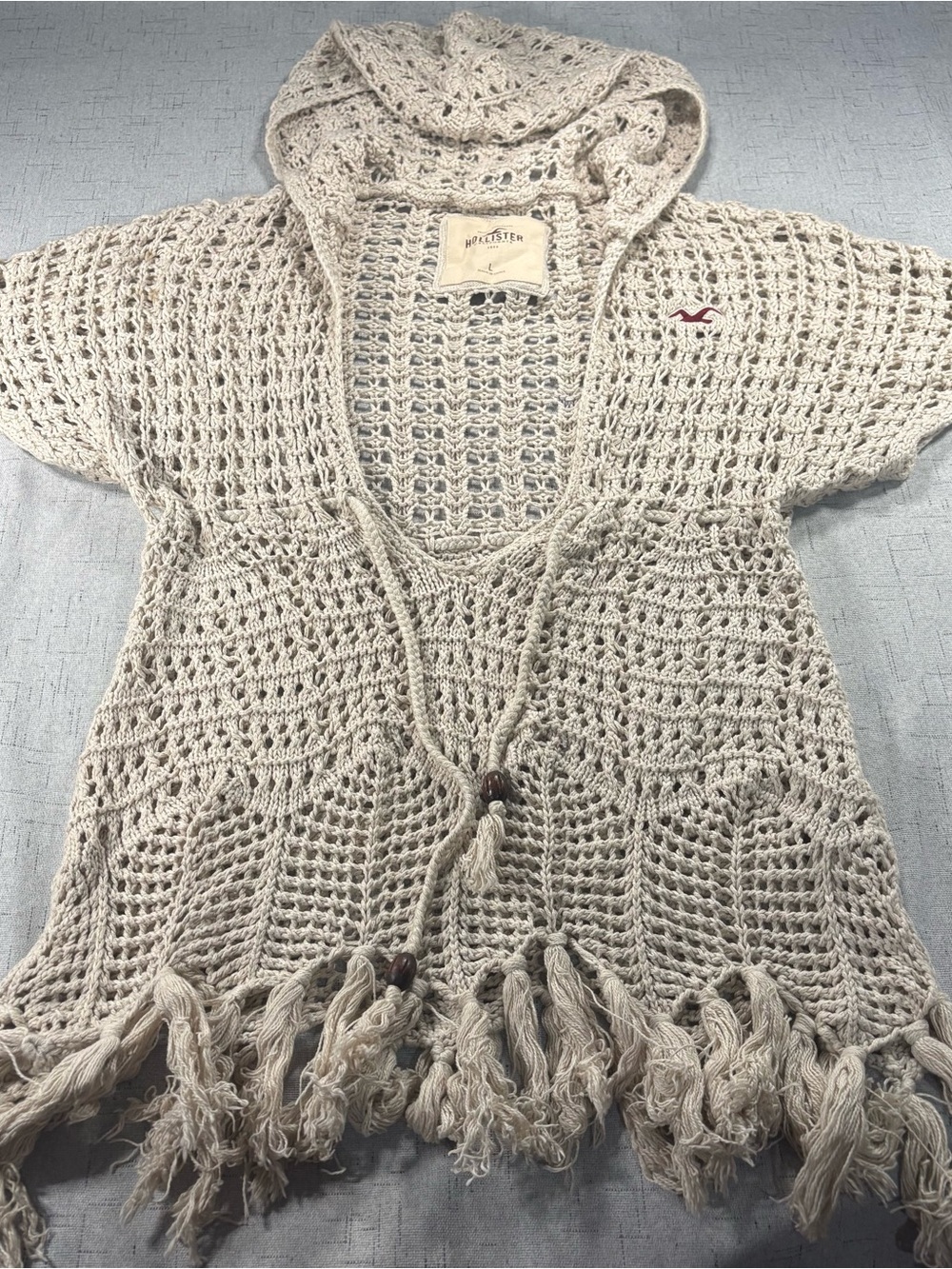 Hollister Cream Crochet Hooded Sweater